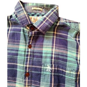Original Penguin By Munsingwear Mens Short Sleeve Blue Plaid Size  M  Slim Fit